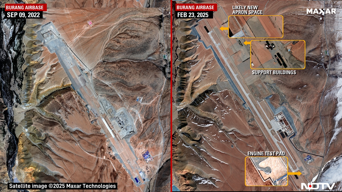 Burang airbase, constructed less than 30 km north of the border with Uttarakhand, adds significant capacity to the Chinese Air Force in this sector. With inputs: Damien Symon. High res here Burang airbase, constructed less than 30 km north of the border with Uttarakhand, adds significant capacity to the Chinese Air Force in this sector. With inputs: Damien Symon. High res here