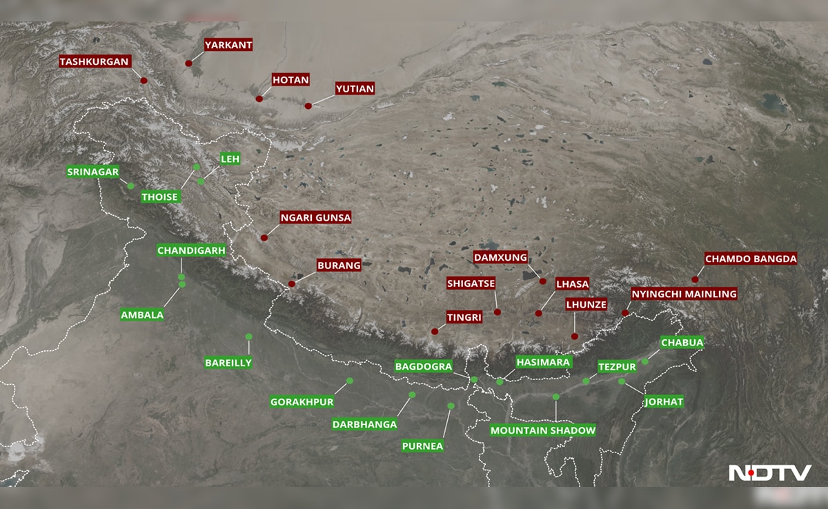 Major Indian and Chinese airbases ranged against each other along the Himalayan frontier. With inputs: Damien Symon. High res here Major Indian and Chinese airbases ranged against each other along the Himalayan frontier. With inputs: Damien Symon. High res here